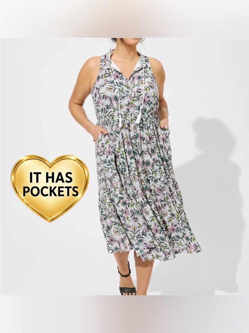 Torrid Sleeveless Floral Tie-Neck Midi Dress with Pockets - White/Pink | 0X